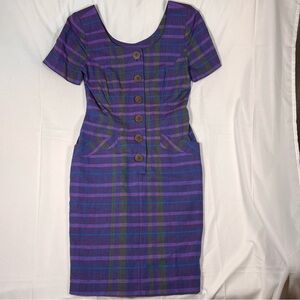 Vintage Santa Fe Linen Cotton Plaid Purple Dress with Large Button Detail Size 6